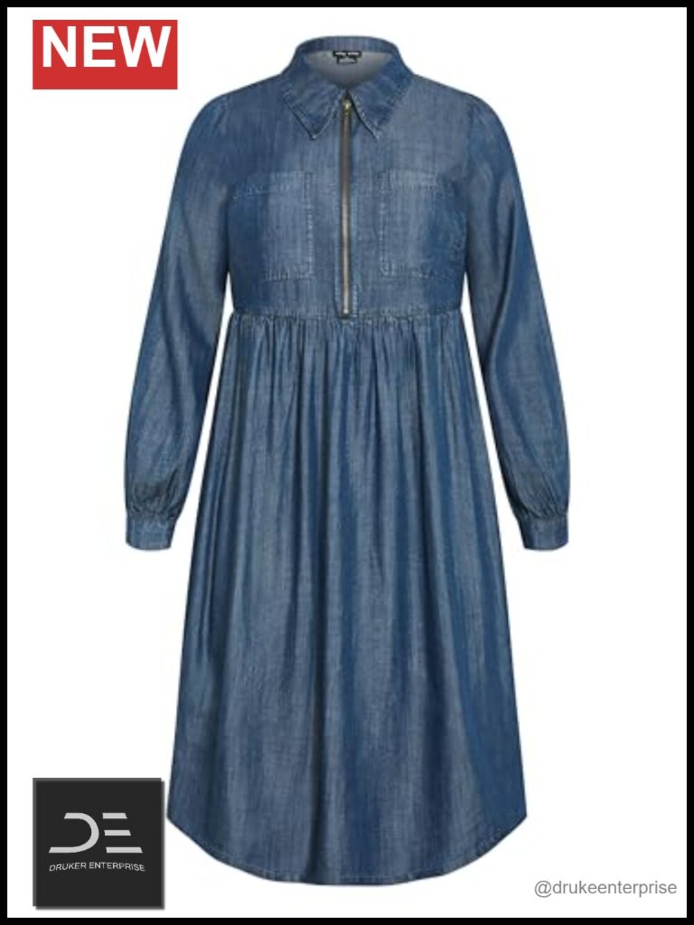 Plus Size Fit & Flare Denim Dress with Collared Neck, Long Sleeve, Side Pockets - Picture 2 of 3